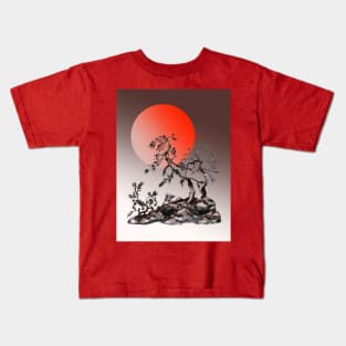 sumieE ink and watercolor fir trees and a red rising sun Kids T-Shirt